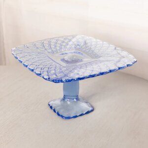 Vintage LE Smith Medium Square Blue Glass Trellis Cake Stand